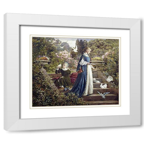 Feeding The Doves White Modern Wood Framed Art Print with Double Matting by Muschamp, F. Sydney