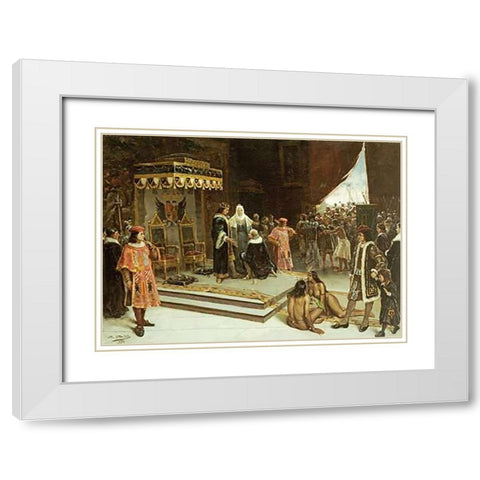 Columbus Before The Spanish Court After His Return From The Americas White Modern Wood Framed Art Print with Double Matting by Santa Olalla, Francisco Garcia