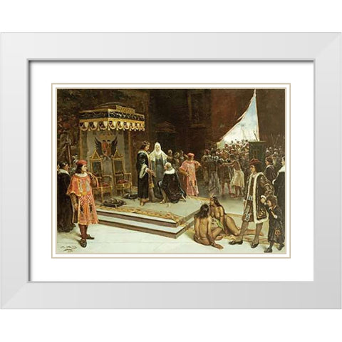 Columbus Before The Spanish Court After His Return From The Americas White Modern Wood Framed Art Print with Double Matting by Santa Olalla, Francisco Garcia
