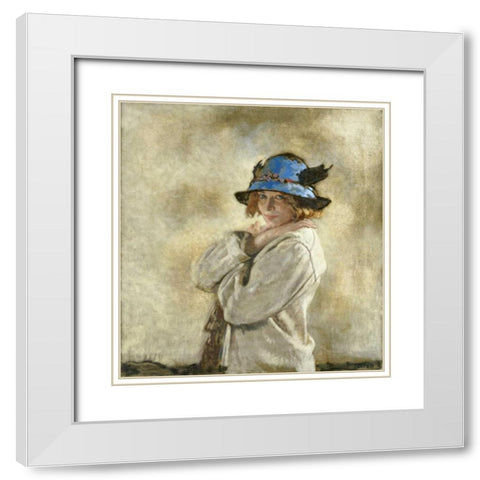 The Blue Hat White Modern Wood Framed Art Print with Double Matting by Orpen, Sir William