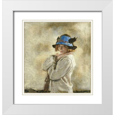 The Blue Hat White Modern Wood Framed Art Print with Double Matting by Orpen, Sir William