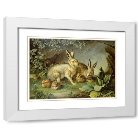 Hares and Leverets In a Rocky Lair White Modern Wood Framed Art Print with Double Matting by Peter, Johann Wenzel