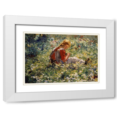 A Young Girl In a Flower Garden White Modern Wood Framed Art Print with Double Matting by Pieters, Evert