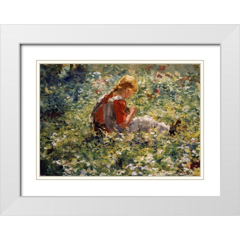 A Young Girl In a Flower Garden White Modern Wood Framed Art Print with Double Matting by Pieters, Evert