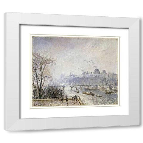 The Louvre and The Seine From The Pont Neuf - Morning Mist White Modern Wood Framed Art Print with Double Matting by Pissarro, Camille