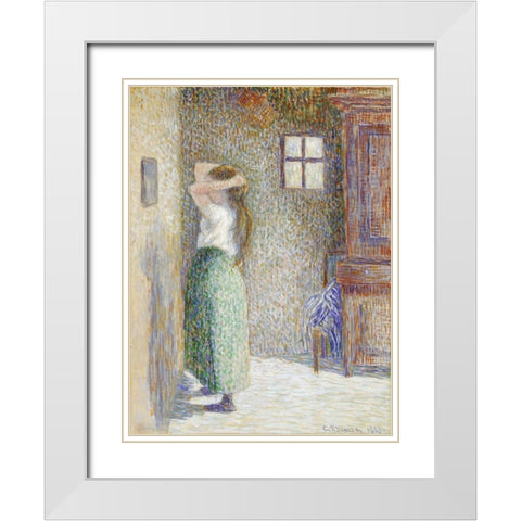 Country Girl at Her Toilet White Modern Wood Framed Art Print with Double Matting by Pissarro, Camille