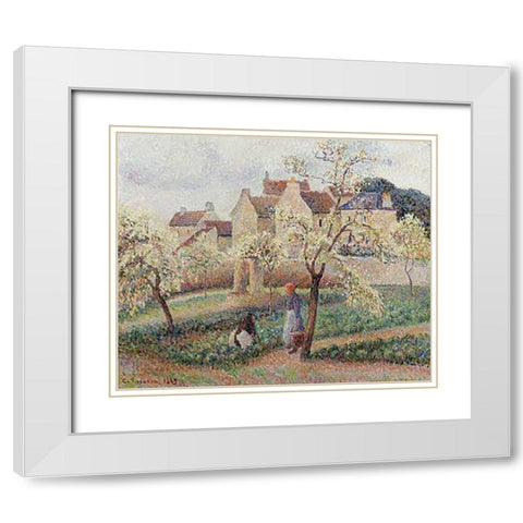 Plum Trees In Blossom White Modern Wood Framed Art Print with Double Matting by Pissarro, Camille