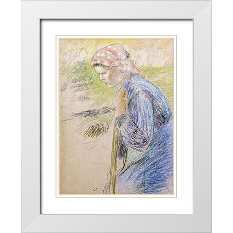 Young Peasant White Modern Wood Framed Art Print with Double Matting by Pissarro, Camille