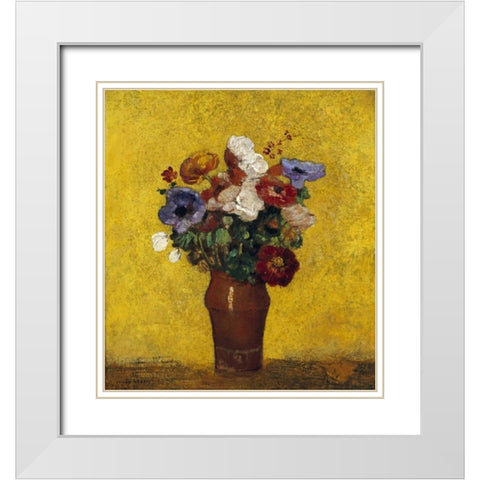 Fleurs White Modern Wood Framed Art Print with Double Matting by Redon, Odilion