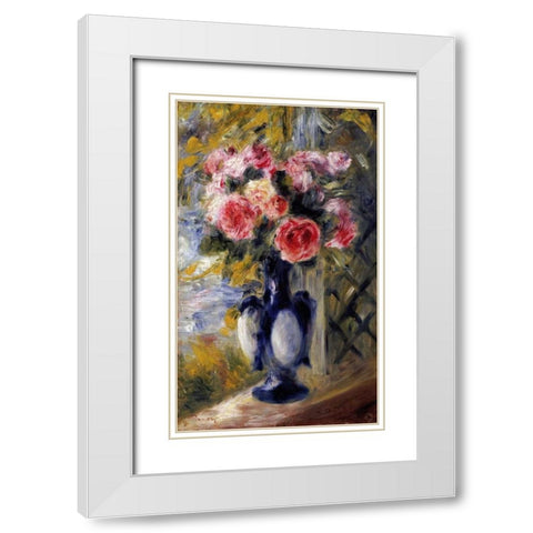 Roses In a Blue Vase White Modern Wood Framed Art Print with Double Matting by Renoir, Pierre-Auguste