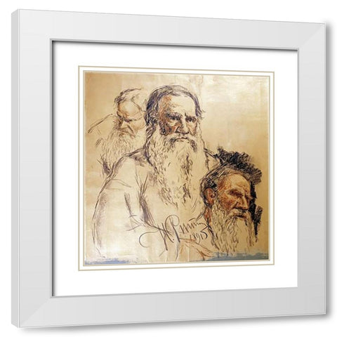 Three Studies Leo Tolstoy White Modern Wood Framed Art Print with Double Matting by Repin, Ilia Efimovich