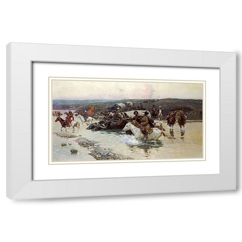 Tcherkess Convoy Crossing a River White Modern Wood Framed Art Print with Double Matting by Roubaud, Franz Alekseevitch