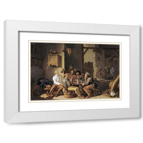 Peasants Smoking and Drinking White Modern Wood Framed Art Print with Double Matting by Saftleven, Cornelis