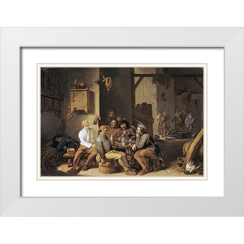 Peasants Smoking and Drinking White Modern Wood Framed Art Print with Double Matting by Saftleven, Cornelis