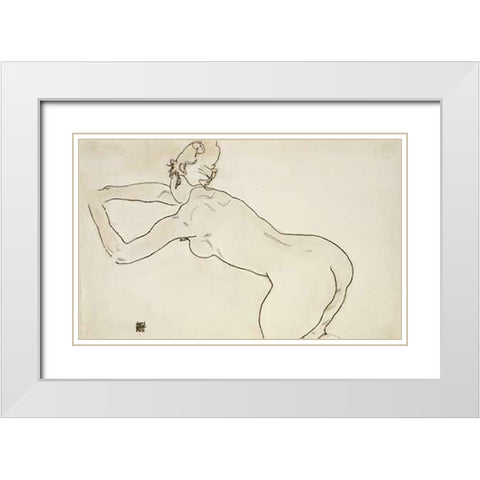 Female Nude Kneeling White Modern Wood Framed Art Print with Double Matting by Schiele, Egon