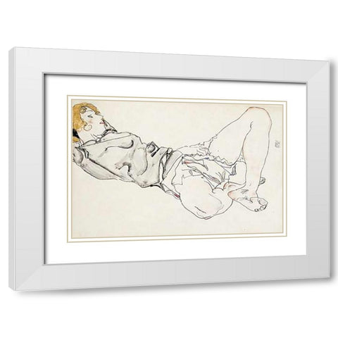 Reclining Woman With Blond Hair White Modern Wood Framed Art Print with Double Matting by Schiele, Egon