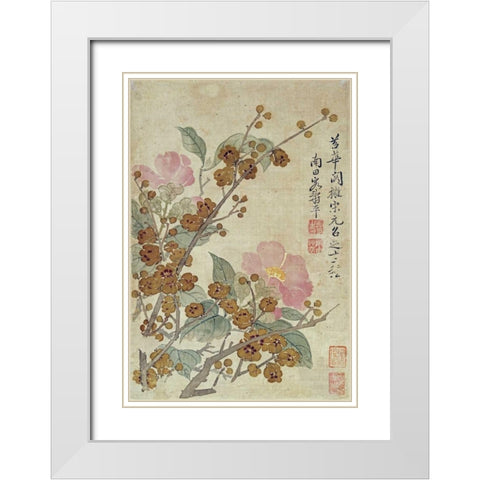 Plum Blossom and Camellias White Modern Wood Framed Art Print with Double Matting by Shouping, Yun