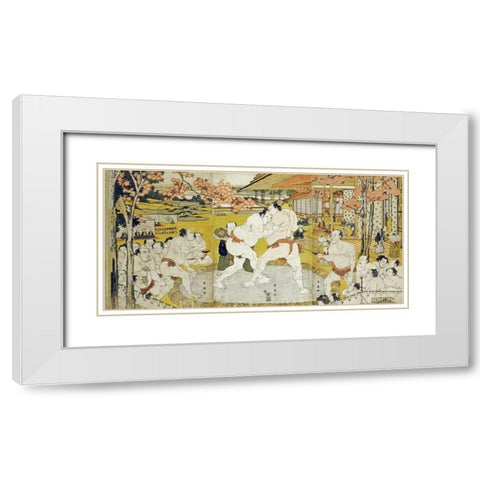 A Triptych of a Wrestling Bout White Modern Wood Framed Art Print with Double Matting by Shunei, Katsukawa