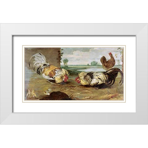 A Cock Fight White Modern Wood Framed Art Print with Double Matting by Snyders, Frans