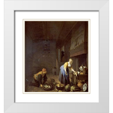 A Kitchen With a Kitchen Maid White Modern Wood Framed Art Print with Double Matting by Sorgh, Hendrik Martensz