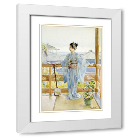 Geisha Standing On a Balcony White Modern Wood Framed Art Print with Double Matting by Stern, Anton Alois
