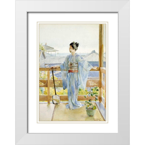 Geisha Standing On a Balcony White Modern Wood Framed Art Print with Double Matting by Stern, Anton Alois