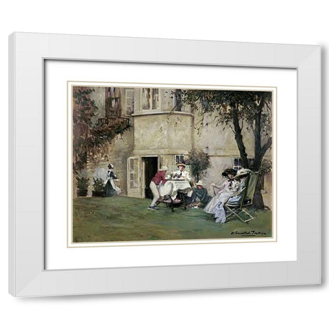 Tea In The Garden White Modern Wood Framed Art Print with Double Matting by Tayler, Albert Chevallier