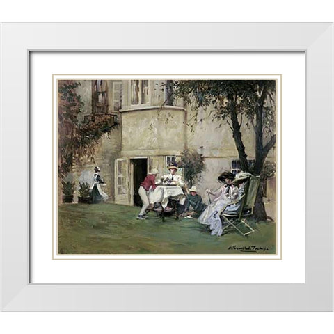 Tea In The Garden White Modern Wood Framed Art Print with Double Matting by Tayler, Albert Chevallier