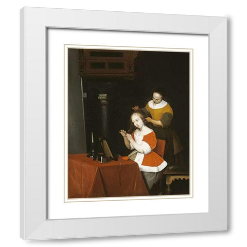 A Young Lady Having Her Hair Combed By a Maid White Modern Wood Framed Art Print with Double Matting by Ter Borch, Gerard