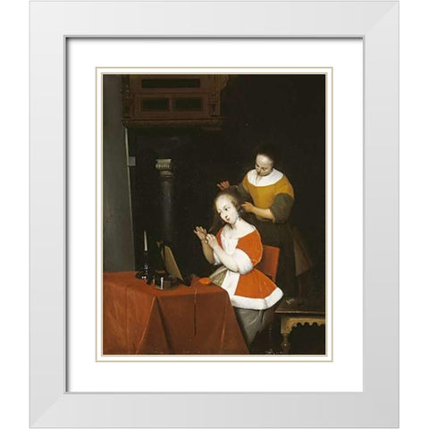 A Young Lady Having Her Hair Combed By a Maid White Modern Wood Framed Art Print with Double Matting by Ter Borch, Gerard