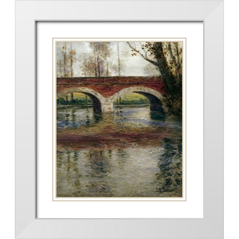 A River Landscape With a Bridge White Modern Wood Framed Art Print with Double Matting by Thaulow, Fritz