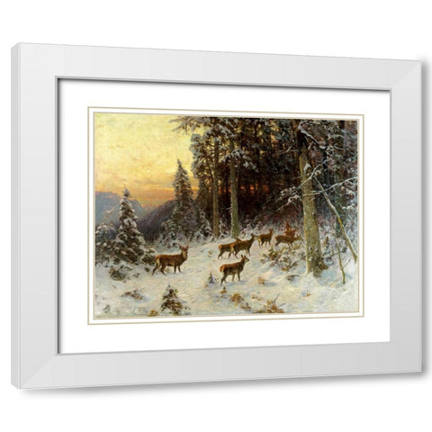 Deer In Winter Wooded Landscape White Modern Wood Framed Art Print with Double Matting by Thiele, Arthur Julius