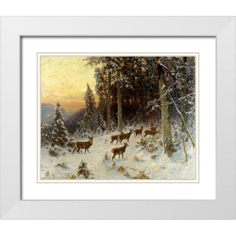 Deer In Winter Wooded Landscape White Modern Wood Framed Art Print with Double Matting by Thiele, Arthur Julius
