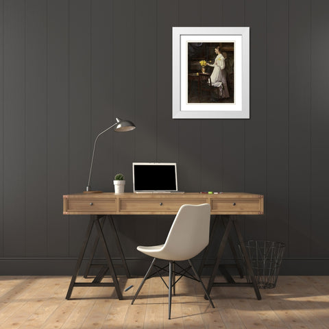 Arranging Daffodils White Modern Wood Framed Art Print with Double Matting by Thomsen, Carl