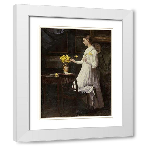 Arranging Daffodils White Modern Wood Framed Art Print with Double Matting by Thomsen, Carl