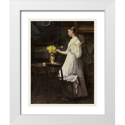 Arranging Daffodils White Modern Wood Framed Art Print with Double Matting by Thomsen, Carl