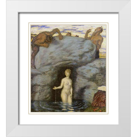 Quellnymphe Von Faunen Belauscht White Modern Wood Framed Art Print with Double Matting by Von Stuck, Franz