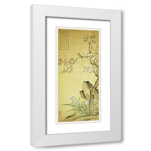 A Bird Standing On a Peach Blossom Tree White Modern Wood Framed Art Print with Double Matting by Wu, Wang