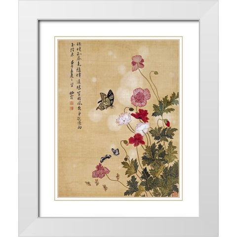 Corn Poppy and Butterflies White Modern Wood Framed Art Print with Double Matting by Yuanyu, Ma