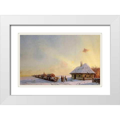 Ukranian Oxcart Drivers In Winter White Modern Wood Framed Art Print with Double Matting by Aivasowsky, Ivan Konstantinovich
