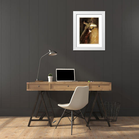 A Ray of Sunlight - The Cellist White Modern Wood Framed Art Print with Double Matting by Alexander, John White