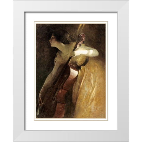 A Ray of Sunlight - The Cellist White Modern Wood Framed Art Print with Double Matting by Alexander, John White