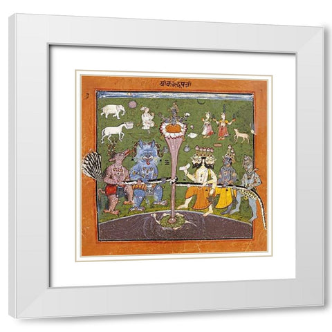 The Churning of The Milky Ocean White Modern Wood Framed Art Print with Double Matting by Basohli