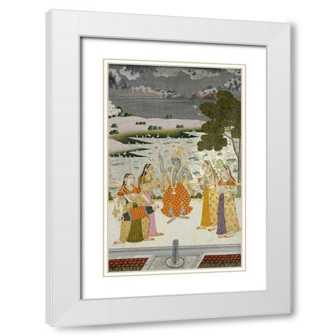 Krishna With The Gopis White Modern Wood Framed Art Print with Double Matting by Bikaner, Ustad Murad