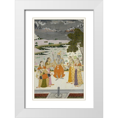Krishna With The Gopis White Modern Wood Framed Art Print with Double Matting by Bikaner, Ustad Murad