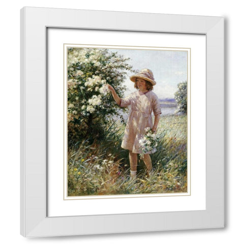 Picking May Blossom White Modern Wood Framed Art Print with Double Matting by Blacklock, William Kay