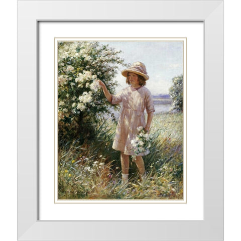 Picking May Blossom White Modern Wood Framed Art Print with Double Matting by Blacklock, William Kay