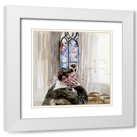 Portrait of a Man In Church White Modern Wood Framed Art Print with Double Matting by Boldini, Giovanni