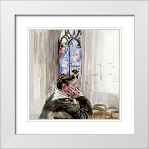 Portrait of a Man In Church White Modern Wood Framed Art Print with Double Matting by Boldini, Giovanni