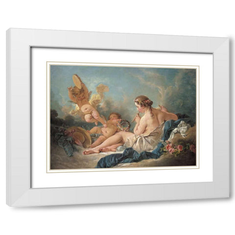 Nymph Playing The Flute With Putti White Modern Wood Framed Art Print with Double Matting by Boucher, Francois